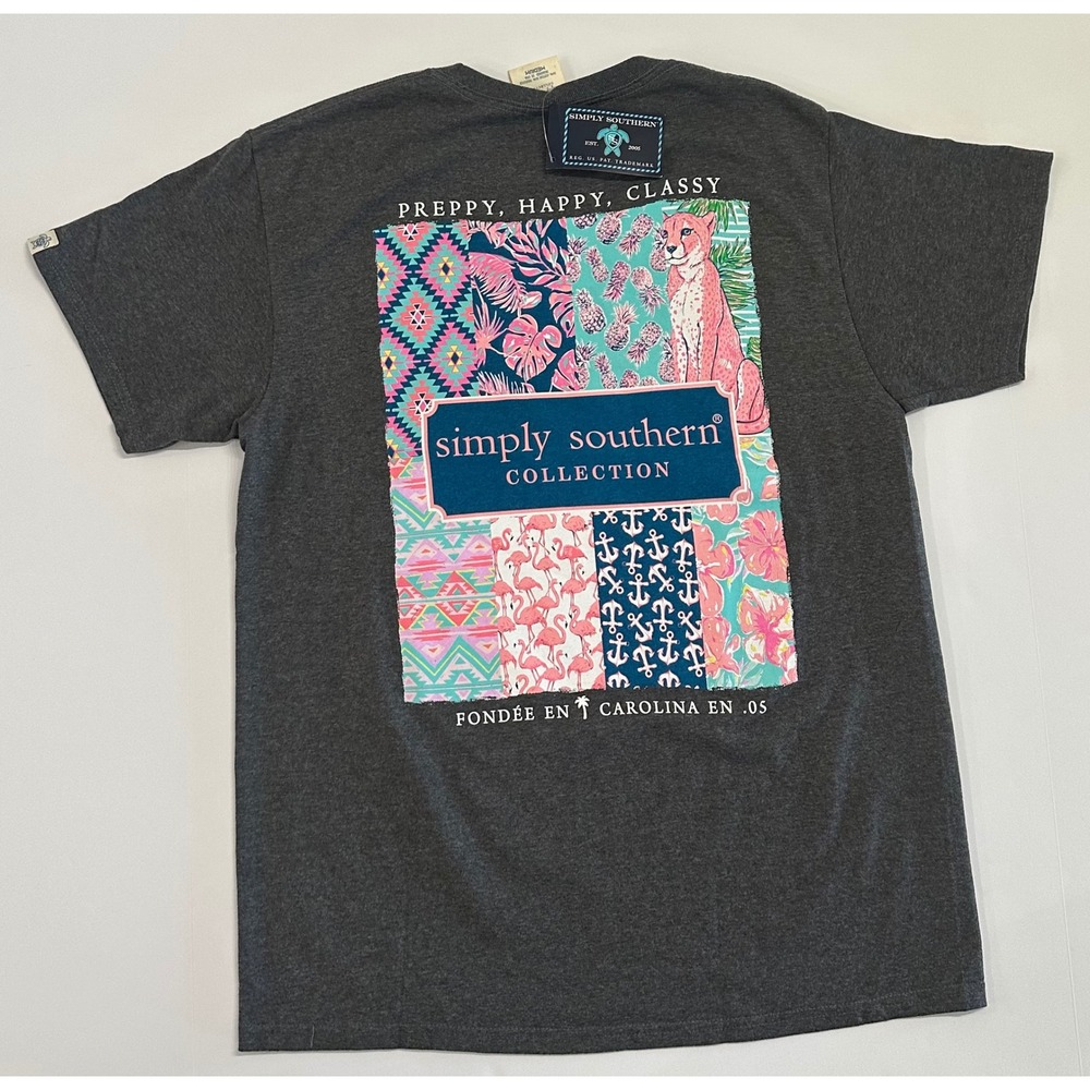 Simply Southern Womens Medium T-Shirt Gray Preppy Flamingo Cheetah Patchwork NWT
